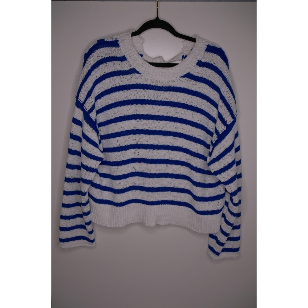 J. Crew Striped Knit Tie Back Sweater White Blue Cropped Pullover Women's L